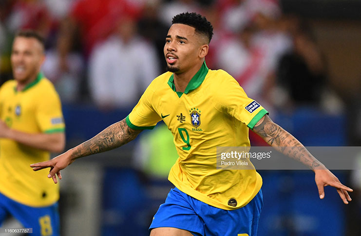 Gabriel Jesus of Brazil celebrates after scoring the second goal of his team during the Copa America Brazil 2019 Final match between Brazil and Peru at Maracana Stadium on July 07, 2019 in Rio de Janeiro, Brazil. (Photo by Pedro Vilela/Getty Images)