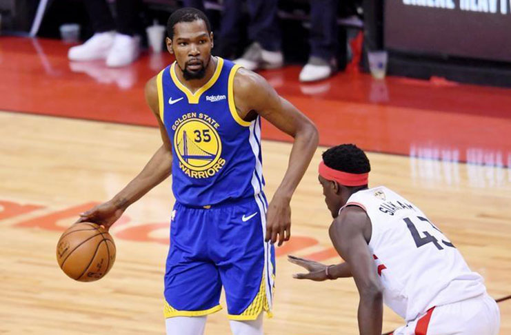Golden State Warriors forward Kevin Durant (35) dribbles in front of Toronto Raptors forward Pascal Siakam (43) during the second quarter in game five of the 2019 NBA Finals at Scotiabank Arena. Mandatory Credit: Nick Turchiaro-USA TODAY Sports.