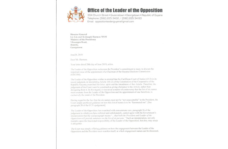 The letter sent by Opposition Chief Whip, Gail Teixeira, on behalf of Opposition Leader, Bharrat Jagdeo, to President David Granger through Director General of the Ministry of Presidency, Joseph Harmon