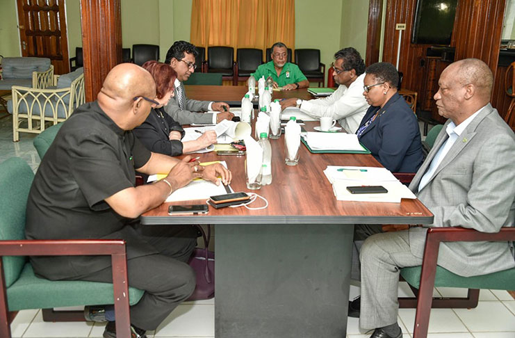 File Photo: Director General of the Ministry of the Presidency, Joseph Harmon; Minister of Public Health, Volda Lawrence and Public Security Minister Khemraj Ramjattan meeting with Gail Teixeira, Anil Nandlall and Bishop Juan Edghill, representing the Opposition Leader during a meeting at Castellani House on Monday. The meeting continued on Tuesday. (MOTP Photo)