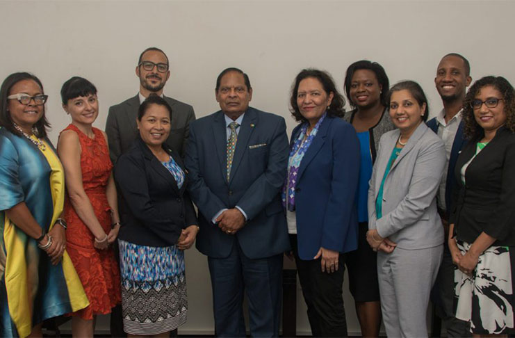 Prime Minister Moses Nagamootoo, and Dawn Hastings, Minister of State with members of the World Bank Group (DPI photo)