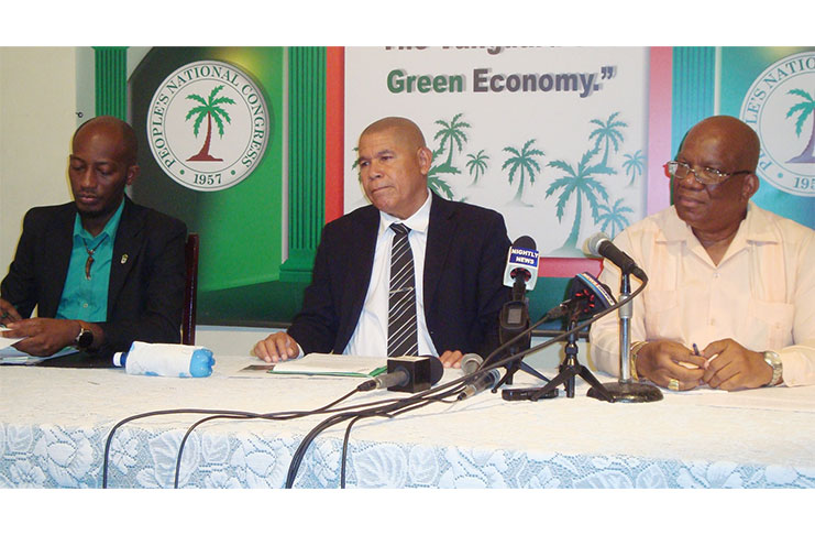 Seated from left are: Chairman of the Guyana Youth and Student Movement (GYSM) youth arm, Ryan Belgrave; Vice-Chairman of the People’s National Congress/Reform (PNC/R) and Minister of Social Cohesion, Dr. George Norton and Minister of Finance, Winston Jordan