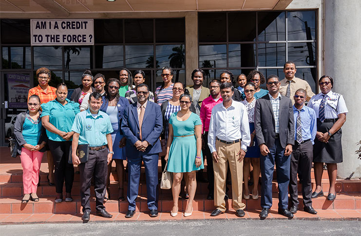Some of the MoE schools’ guidance counsellors and welfare officers with Minister of Public Security, Khemraj Ramjattan (front row, second from left) at the Police Training Centre, Camp Street