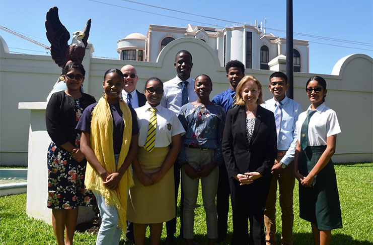The seven Guyanese youth ambassadors and their mentor Laurel Seales with Ambassador Sarah-Ann Lynch and Deputy Chief of Mission Mark Cullinane (US Embassy photo)