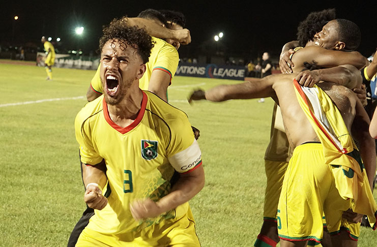 FLASH BACK! Guyana’s Captain Sam Cox was ecstatic after Guyana defeated Belize 2 – 1 in their final Nation League Qualifiers game at the National Track and Field Centre. (Carl Crooker photo)