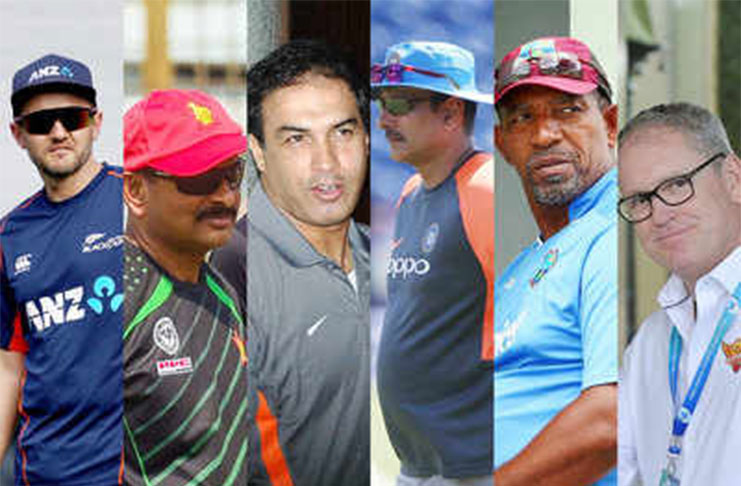 From left to right: Mike Hesson, Lalchand Rajput, Robin Singh, Ravi Shastri, Phil Simmons and Tom Moody.