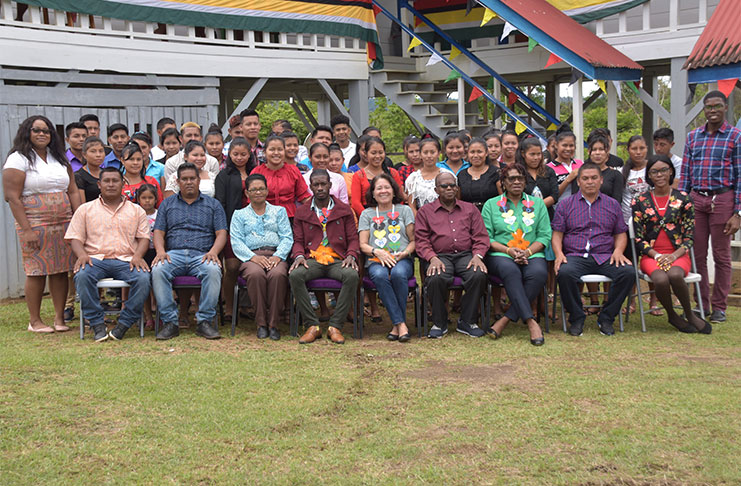 First Lady, Mrs. Sandra Granger (seated centre); Toshao of Kamarang, Mr. Clifford Melville (seated second from right), Regional Officials, facilitators and participants of the Information and Communication Technology Workshop, which was launched earlier today at Kamarang, Cuyuni-Mazaruni (Region 7)