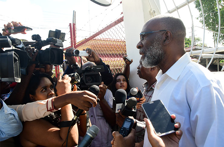 GECOM Commissioner, Vincent Alexander speaking to members of the media on Thursday (Adrian Narine photo)