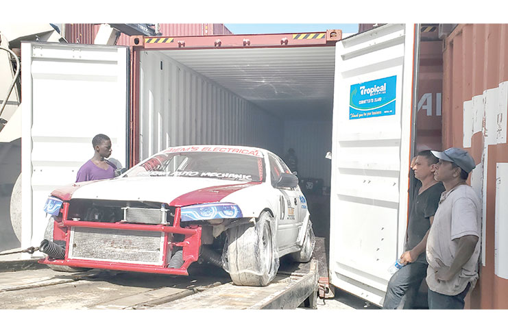 Rameez Mohamed’s Honda civic being loaded into the Topical Shipping-sponsored container