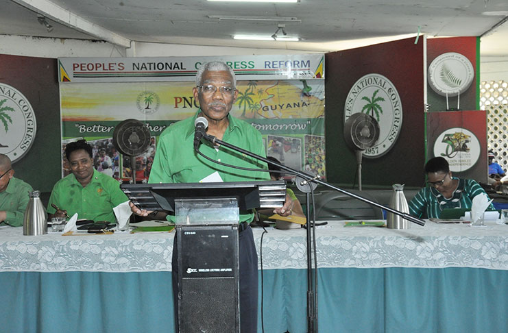President David Granger delivering the keynote address at the PNCR’s General Council Meeting at Congress Place