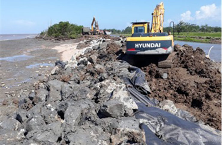 Placement of boulders to secure vulnerable sections of earthen embankment of the Mahaicony sea defence