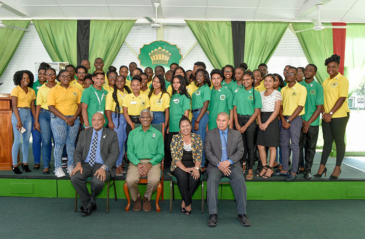 President David Granger (seated second left); Minister of Natural Resources, Raphael Trotman; Minister of State, Dawn Hastings-Williams (second right); and Minister of Social Cohesion, Dr. George Norton (right) with participants at the closing ceremony of Youth in Natural Resources