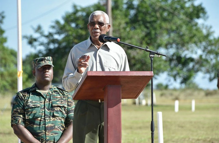 President David Granger addressing  troops at the recently-concluded ‘Exercise Greenheart’ at the Colonel John Clarke Military School at Tacama, in Region Ten