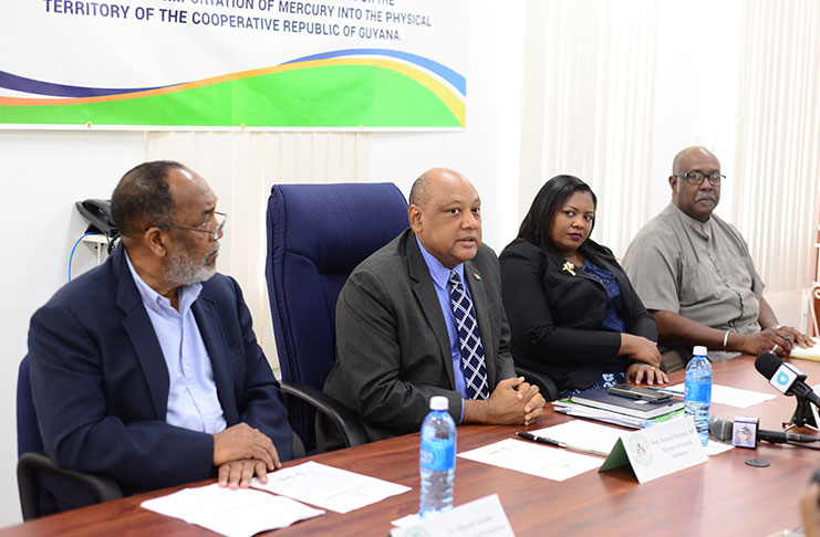 From left, Executive Director of the EPA, Dr. Vincent Adams; Natural Resources Minister, Raphael Trotman; Registrar of the PTCCB, Trecia David; and Commissioner of GGMC, Newell Dennison (Samuel Maughn photo)