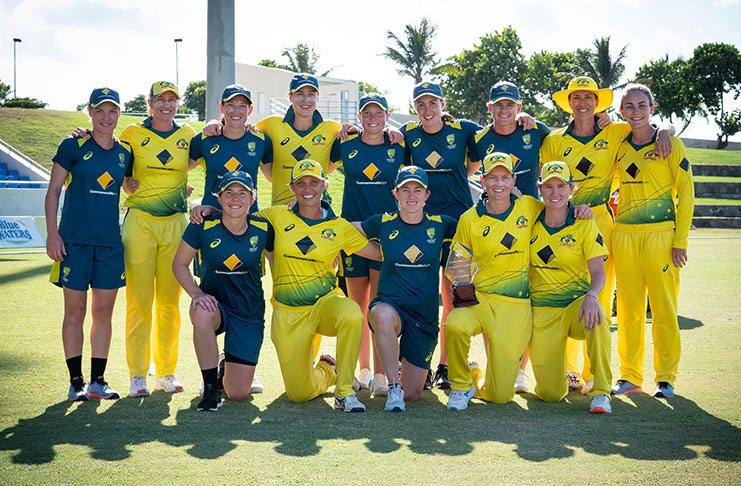 Australia women  cricketers celebrate their  ODI series clean sweep over West Indies.