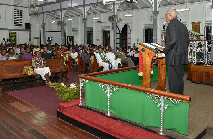 President David Granger addresses members of the Bedford Methodist Church at its 150th Anniversary Service on Sunday. (DPI photo)