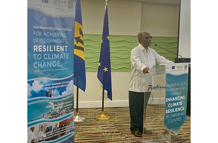 Executive Director of the CCCCC, Dr Kenrick Leslie, addresses the opening of the Intra ACP GCCA+ EU Funded Project