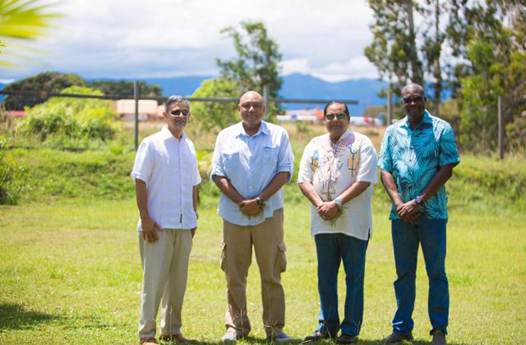 Prime Minister Moses Nagamootoo (second left); Minister of Public Infrastructure David Patterson (left); Minister of Natural Resources Raphael Trotman (second right) and H. Nauth and Sons Limited Project Coordinator, Kiran Nauth (left) following discussions in Lethem on the upgrade on the aerodrome there