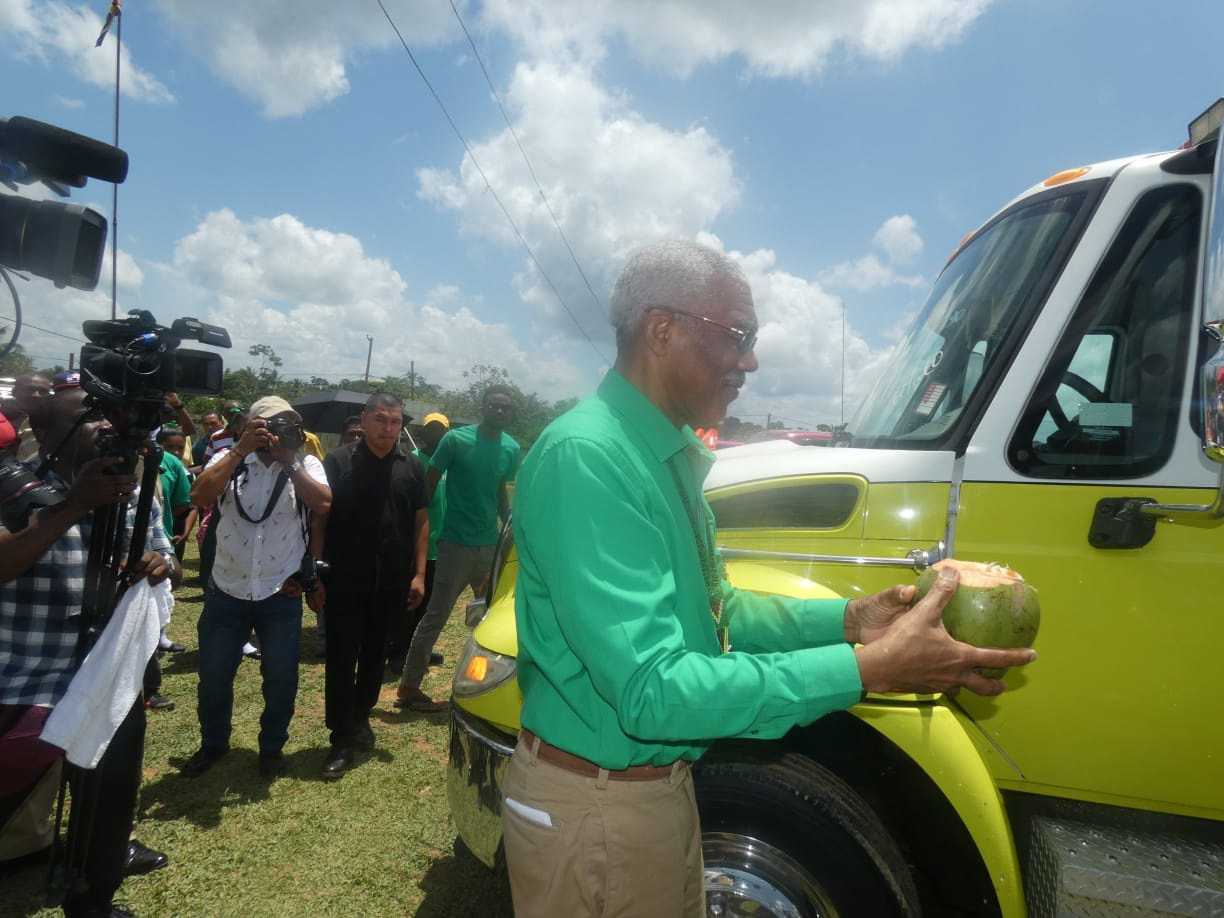 President Granger ceremonially commissioning the ambulance to be used by the Port Kaituma Hospital