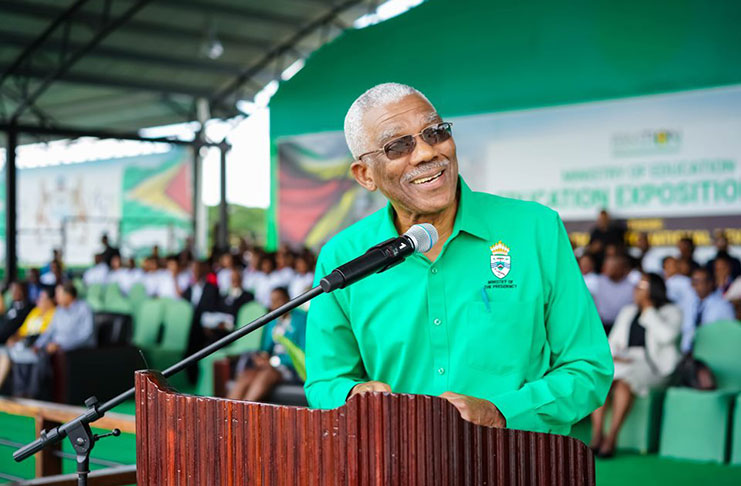 President David Granger addressing hundreds of students and teachers at the inaugural Education Expo held at Durban Park on September 30th.