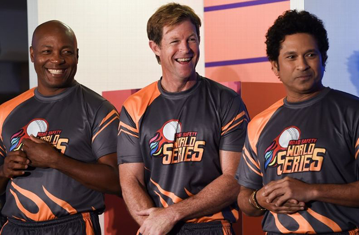 Brian Lara, Jonty Rhodes and Sachin Tendulkar at an event in India to promote the Road Safety World Series T20 cricket league. (AFP)