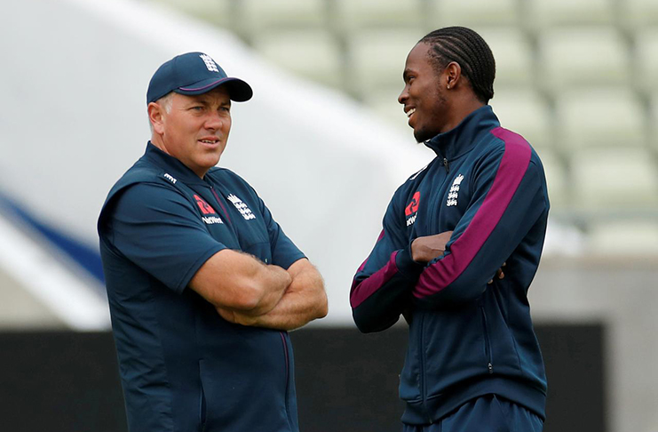 :  Edgbaston, Birmingham, Britain - July 31, 2019 England's Jofra Archer (right) talks to bowling coach Chris Silverwood during nets Action Images via Reuters/Andrew Boyers/Files