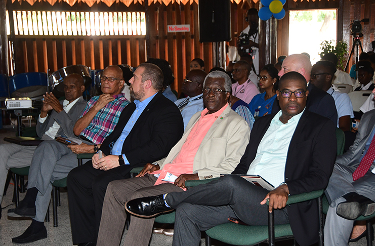 Minister of Public Infrastructure (MoPI), David Patterson; Director-General of the Guyana Civil Aviation Authority (GCAA), Lt. Col (ret’d) Egbert Field (left of minister) and others at the launch of the GCAA NexGen programme