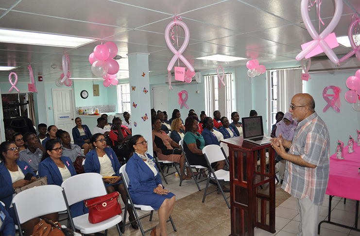GUYOIL’s employee’s listen as Dr. Gazi of Cancer Institute of Guyana share about cancer and prevention methods