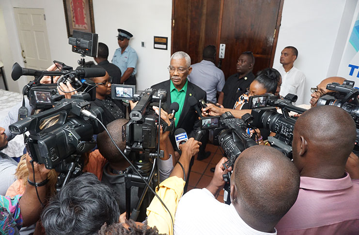 President David Granger speaking to reporters on the margins of an education forum at the Pegasus Hotel