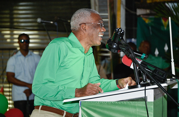 Leader of the PNCR and President of Guyana, David Granger addressing the thousands of PNCR supporters on Co-op Crescent
