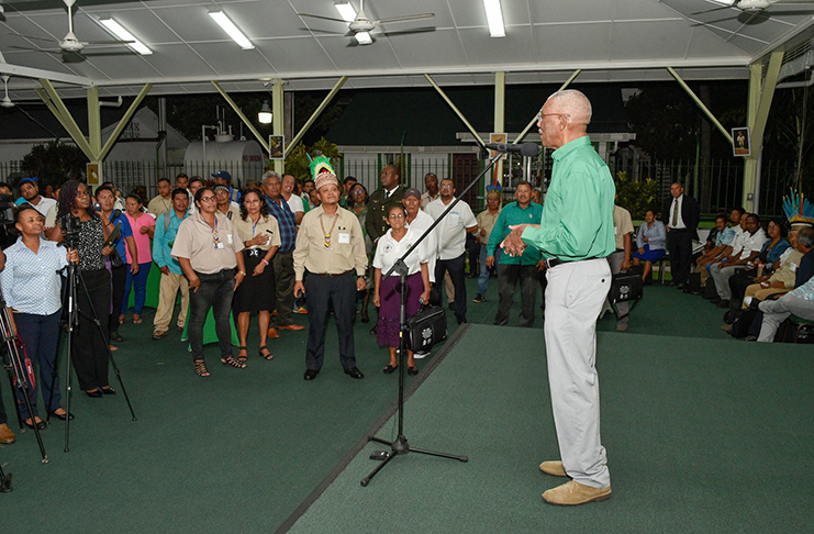 President David Granger speaks to Toshaos and village leaders Monday evening
