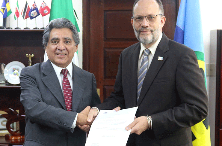Mexico's new Ambassador to CARICOM H.E Jose Omar Hurtado Contreras presents his Letter of Credence to CARICOM Secretary-General Ambassador Irwin LaRocque on Wednesday