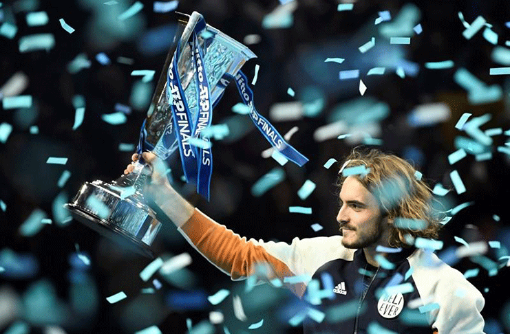 The O2, London, Britain -  Greece's Stefanos Tsitsipas celebrates winning the ATP Finals with the trophy REUTERS/Peter Nicholls