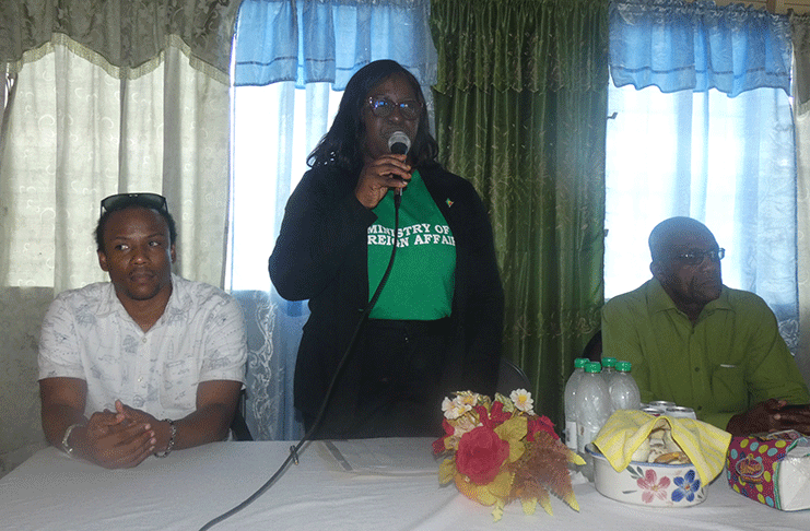 Minister of Foreign Affairs Dr Karen Cummings addressing residents of Coomacka Mines