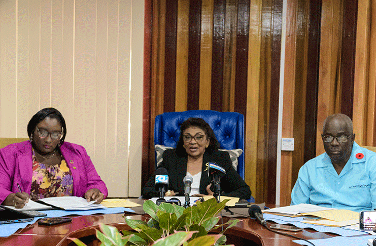 GECOM Public Relations Officer, Yolanda Ward; Chair of the Commission, Justice (Ret'd) Claudette Singh and Chief Elections Officer (CEO), Keith Lowenfield. (Delano Williams photo)