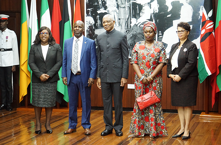 President David Granger (centre), His Excellency Anthony Mwaniki Muchiri (second left) High Commissioner of the Republic of Kenya to the Cooperative Republic of Guyana, Minister of Foreign Affairs, Dr. Karen Cummings (left), Director General Ministry of Foreign Affairs, Ambassador Audrey Waddell (right) and High Commissioner Muchiri's wife (second right). (Elvin Croker Photo)