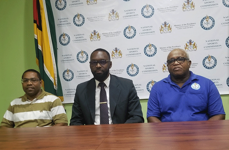 From left, Technical Development Officer (TDO) of the NSC, Seon Erskine, Director of Sport Christopher Jones and Wilton Spencer, Special Needs coach of NSC. (Clifton Ross photo)