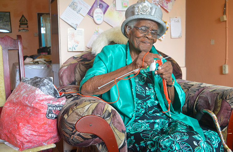 Mrs Ruby Marie Mingo displaying her knitting /crochet skills on November 7,
2019, the eve of her 100th birthday