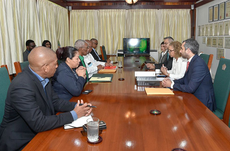 President David Granger and team meeting with the IDB representatives on Thursday (Ministry of the Presidency photo)