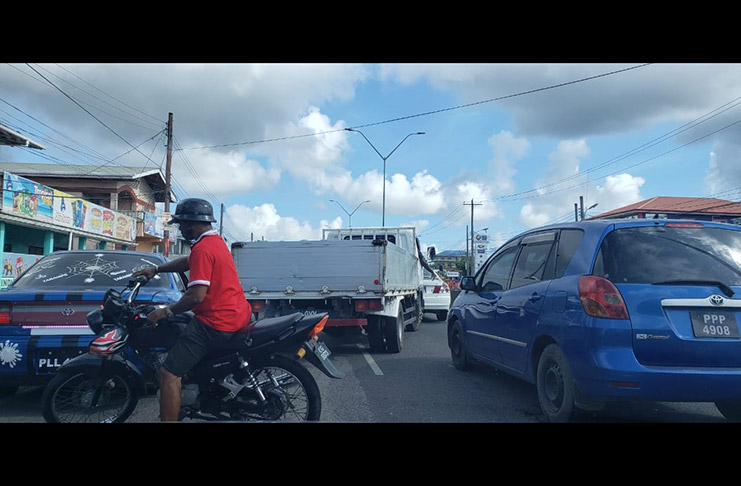 Backed up traffic on the East Bank Demerara