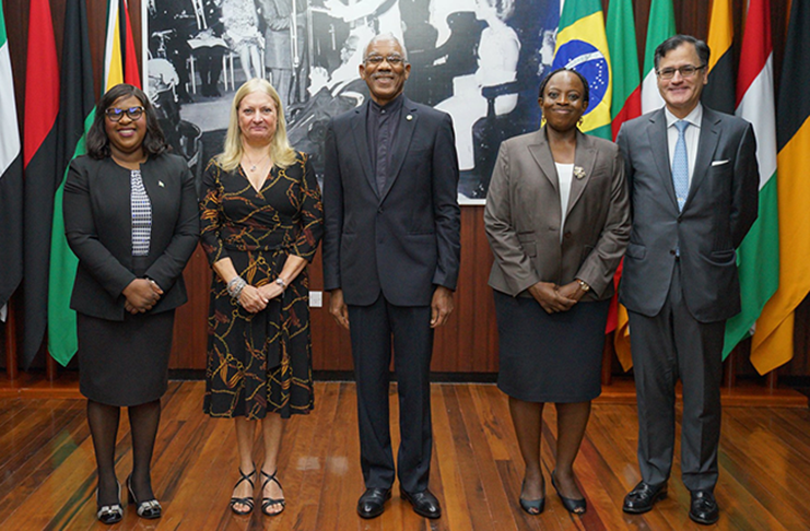 President David Granger (centre) with Her Excellency Maria Clara Duclos Carisio, Ambassador of the Federative Republic of Brazil to the Cooperative Republic of Guyana (second left); Minister of Foreign Affairs, Dr Karen Cummings; Permanent Secretary, Ministry of Foreign Affairs, Ms Charlene Phoenix (second right) and a representative of the Brazilian Ambassador (right). (MOTP photo)