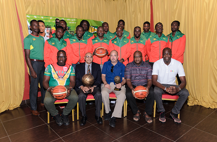 Guyana Chronicle photographer Delano Williams was at Palm Court last evening and captured the Grenada National Basketball Team members upon their arrival for the three-day Goodwill Basketball series at Cliff Anderson Sports Hall. Also, sitting from leftt are Guyana head coach Junior Hercules, GOA president K.A Juman-Yassin, GABF president Michael Singh, Grenada head coach Naka Joseph and GNBA treasurer Rondel Johnson.