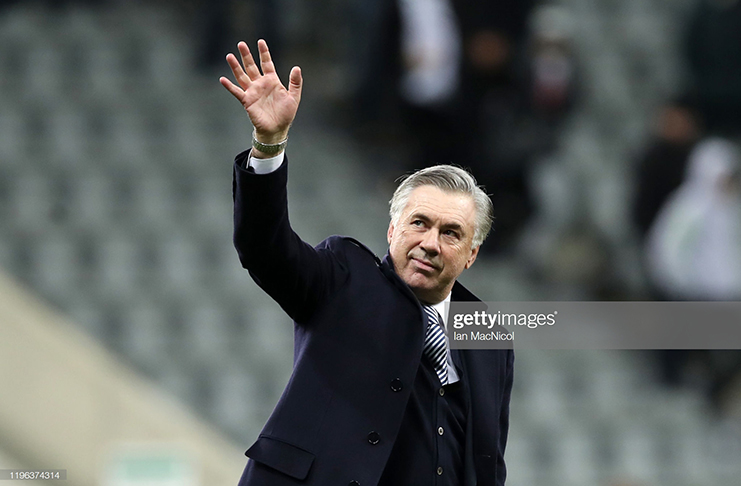 Carlo Ancelotti, Manager of Everton acknowledges the fans following his sides victory in the Premier League match between Newcastle United and Everton FC at St. James Park on December 28, 2019 in Newcastle upon Tyne, United Kingdom. (Photo by Ian MacNicol/Getty Images)