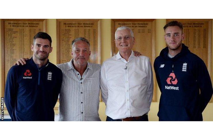 James Anderson (575 wickets, left), Stuart Broad (471, right) and Sir Ian Botham (383, second left) are the only England bowlers to have since surpassed Bob  Willis' tally. (BBC Sport)