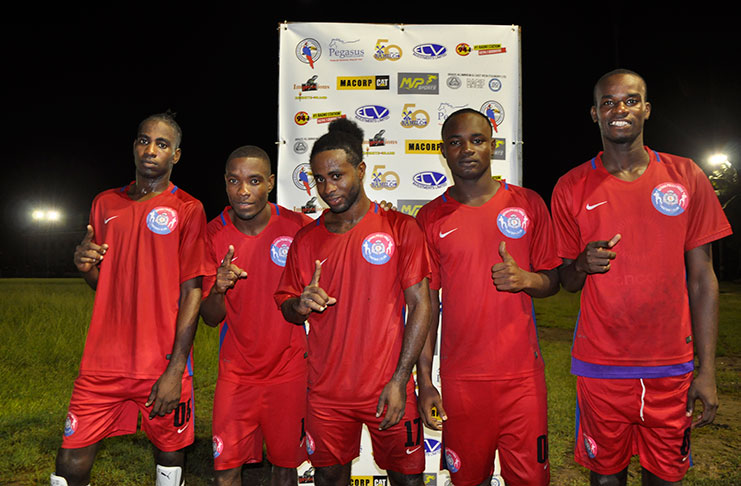 Daniel Wilson (right), Jamal Harvey, Trayon Bobb, Colwyn Adams and Darren Benjamin of the Guyana Police Force