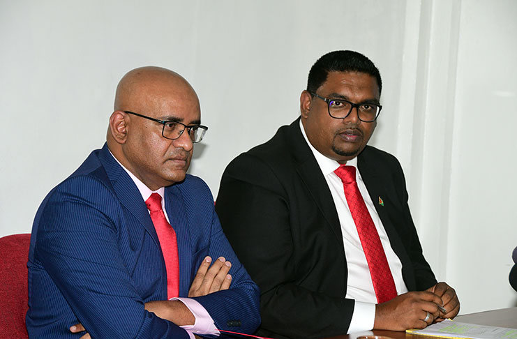 Opposition Leader Bharrat Jagdeo(left) and People’s Progressive Party/Civic (PPP/C) Presidential candidate Irfaan Ali