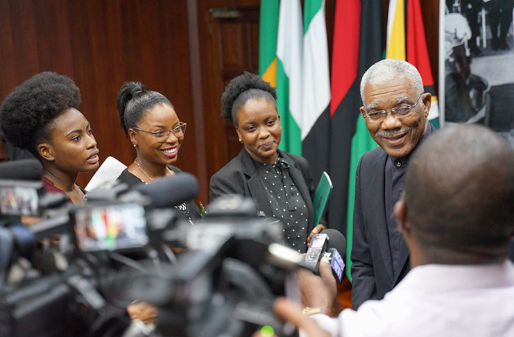 President David Granger speaks with members of the media at the Ministry of the Presidency (MoTP photo)