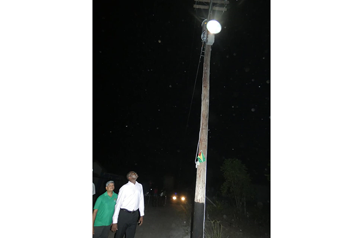 Ministers of Public Infrastructure David Patterson and Jaipaul Sharma taking a first glimpse of a street light pole in Andyville