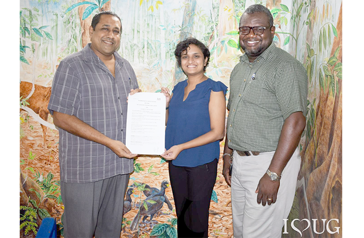 From L: Dane Gobin - CEO of Iwokrama, Dr Guyanpriya Maharaj – Director of the Centre for Biological Diversity, UG and Calvin Bernard – Former Dean, Faculty of Natural Sciences and member of the Iwokrama Science Committee.