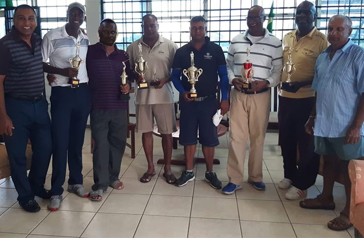 Winners along with Club President Aleem Hussain and LGC member Ramesh Dookhoo (who assisted in prize distribution) are shown in the picture. From left, Aleem Hussain, Paton George, Mike Gayadin, Aasrodeen Shaw, Avinash Persaud, Hardeo ‘Curry’ Ganpat, Guy Griffith standing in for Shanella London, and Ramesh Dookhoo.